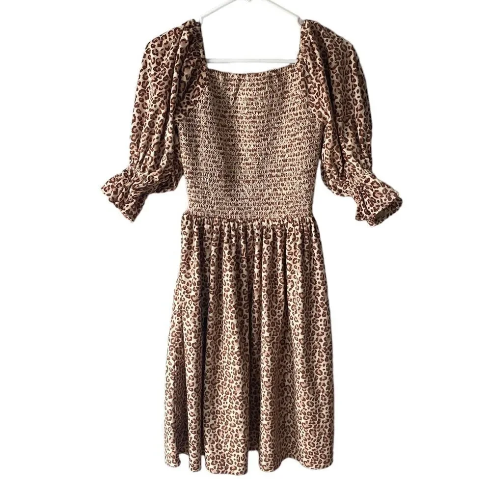 Ivy City Co. Wild One Smocked Boddice Leopard Print Puff Sleeve Velvet Dress